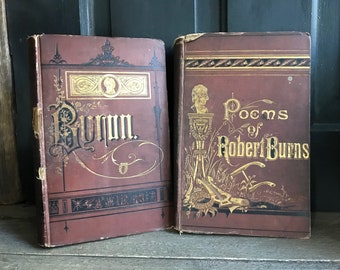 Pair Burns Byron Poetry Books, Hardcover, The Poetical Works of Lord Byron, Poems of Robert Burns, Illustrated Prints