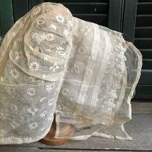 Antique French Lace Bonnet, Tulle Lace, Organza, Embroidery, Period Textile, Clothing image 2