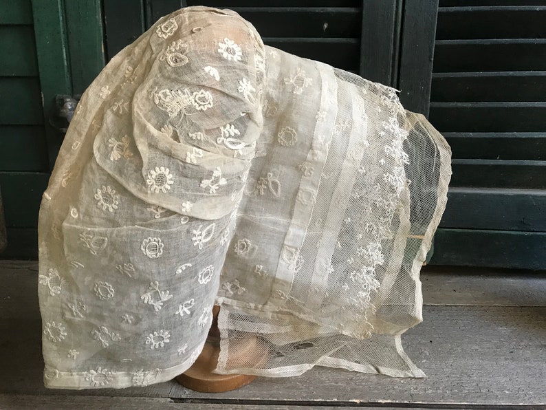 Antique French Lace Bonnet, Tulle Lace, Organza, Embroidery, Period Textile, Clothing image 2