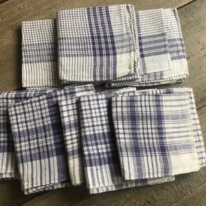 1 French Indigo Check Linen Handkerchief, Faded Indigo Blue Stripe, Sold by Each, 5 Available