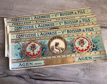 Antique French Confectionery Label, Agen France, Original Lithography, Gold Gilt, Art Nouveau, 4 Available