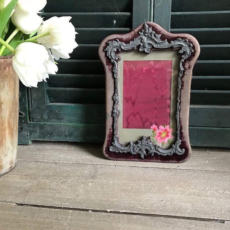 French Keepsake Picture Photo Frame, Velvet Metal Frame, Watered Silk, Floral Embroidery Appliqué image 1