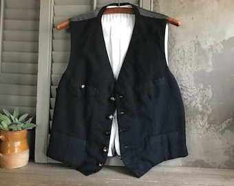 French Charcoal Gray Wool Waistcoat, Soft Black, Gentlemans Vest, Belted, Silk Backing Lining