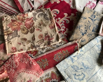 Paquete de telas francesas, retales, algodones antiguos con estampados florales, toile de Jouy, cutí, acolchado, proyectos de costura, textiles históricos