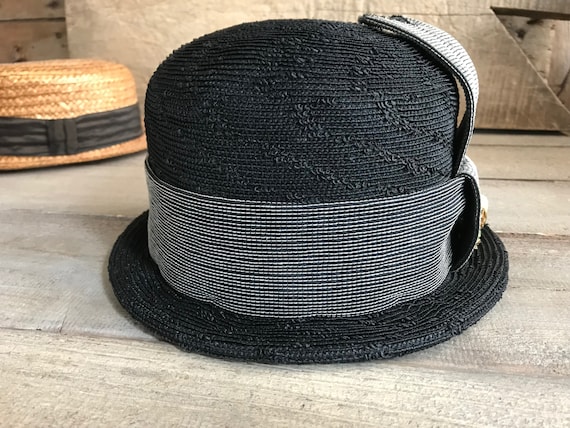 60s Black Straw Derby Hat, Chas A Stevens, Chicago, Bee Brooch Pin