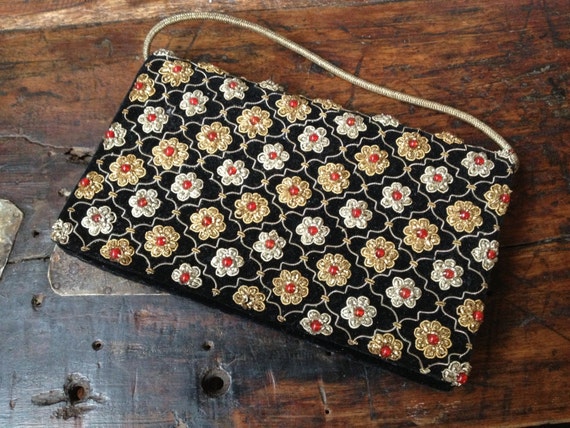 1950s Beaded Black Velvet Clutch Silver Gold Dres… - image 4