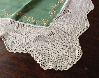 French Linen ace Crochet Tablecloth Green Hand Embroidered Butterfly Lace French Farmhouse