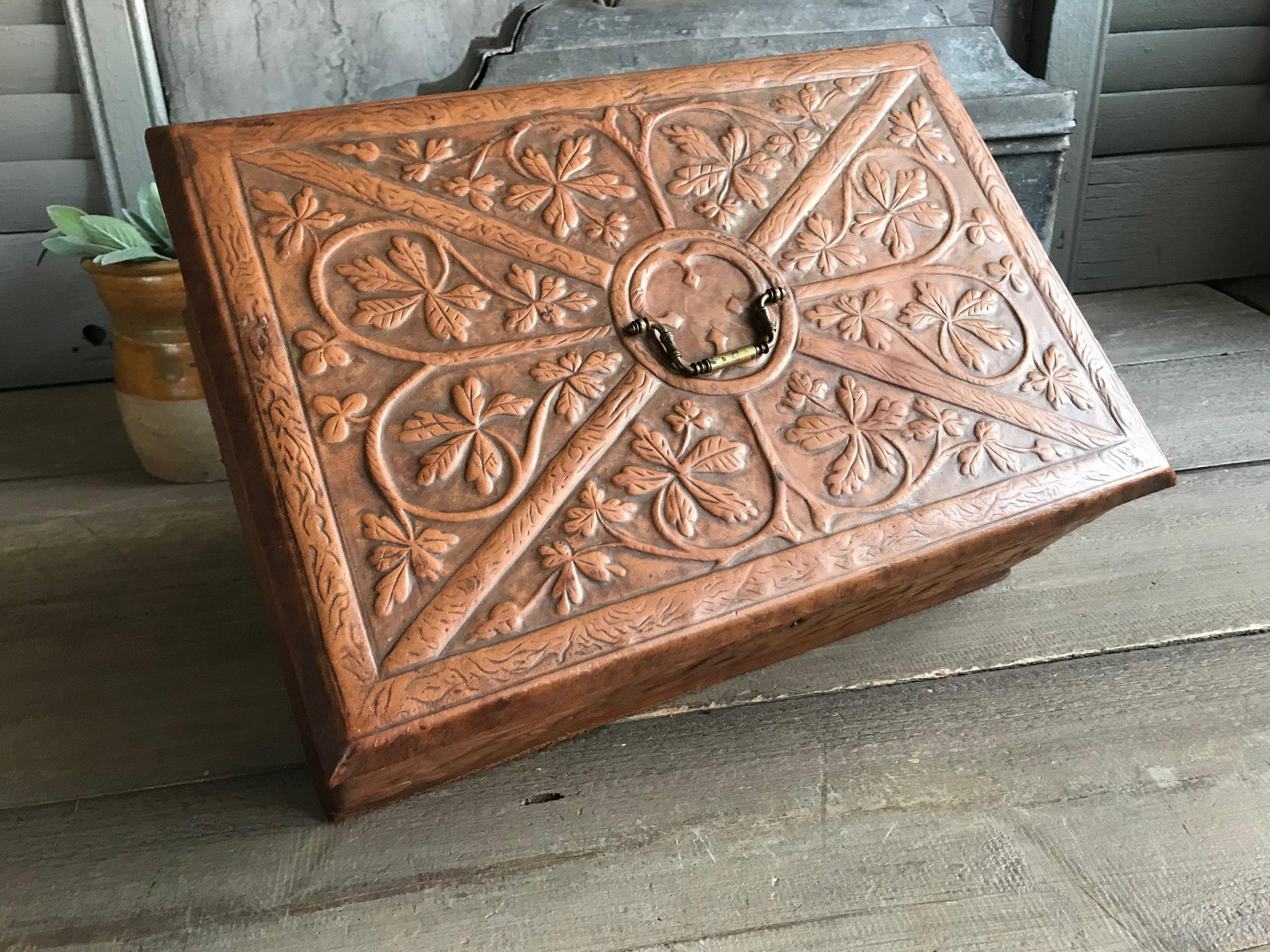 French Leather Travel Case, Boudoir Jewelry Box, Ladies Traveling Embossed Floral Design, Storage Artisan Crafted