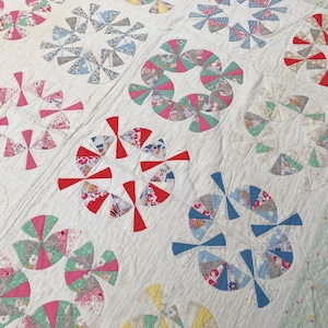 Folk Art Cotton Quilts, Hand Stitched, Patchwork Pinwheel Design, Pastel Colors Americana Quilt