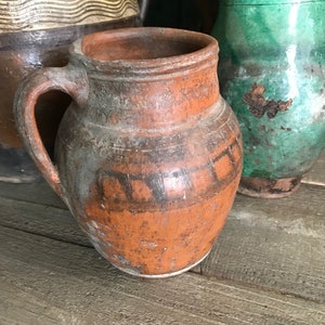 Antique Pottery Jug, Pitcher, Vase, Redware, Folk Art, Rustic Terra Cotta, Hand Thrown, Hand Painted, 19th C, Rustic Farmhouse, Farm Table image 8