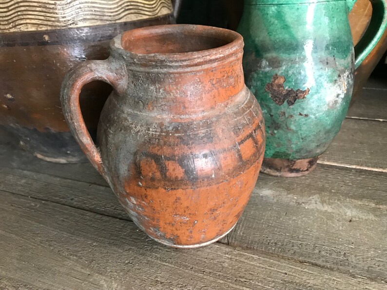 Antique Pottery Jug, Pitcher, Vase, Redware, Folk Art, Rustic Terra Cotta, Hand Thrown, Hand Painted, 19th C, Rustic Farmhouse, Farm Table image 8