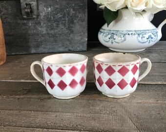 French Ironstone Coffee Cups, Digoin Café au Lait, Red Check Faïence, French Farmhouse, Farm Table, Cuisine