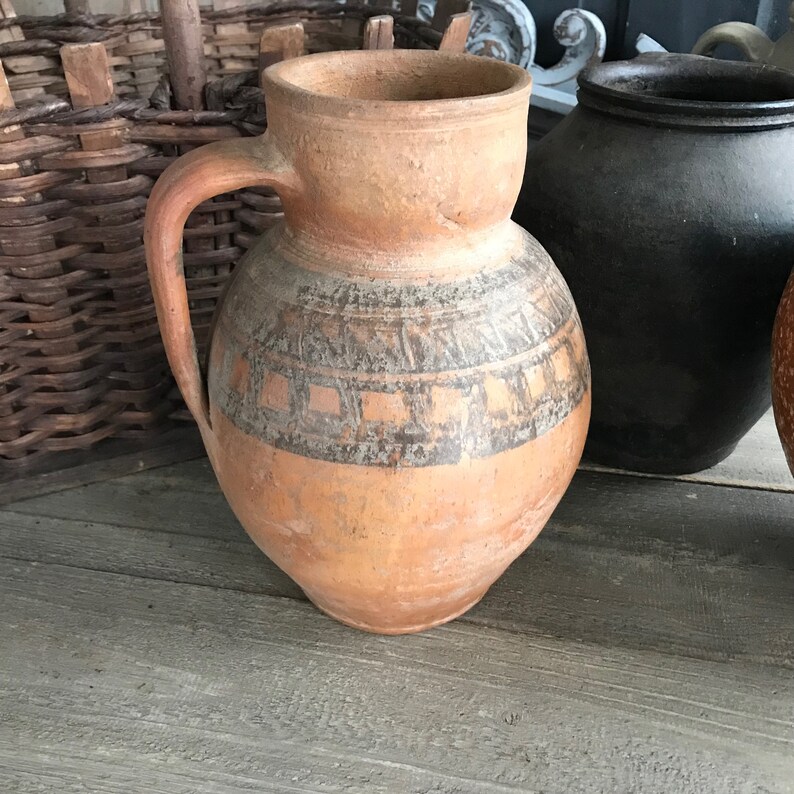 Antique Pottery Jug, Pitcher, Vase, Redware, Folk Art, Tribal, Rustic Terra Cotta, Handmade, 19th C, Rustic European Farmhouse, Farm Table image 5