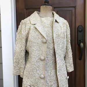 1960s Cream Ribbon Suit, Riviera International, 3 Piece Jacket, Skirt, Jackie O, Handcrafted Couture, Small image 1