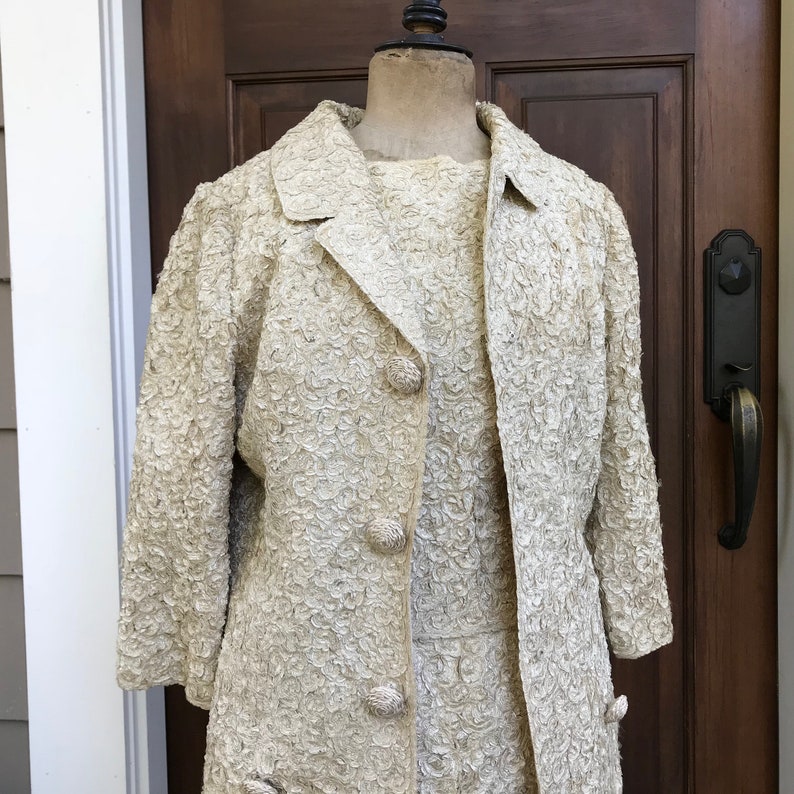 1960s Cream Ribbon Suit, Riviera International, 3 Piece Jacket, Skirt, Jackie O, Handcrafted Couture, Small image 1