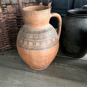Antique Pottery Jug, Pitcher, Vase, Redware, Folk Art, Tribal, Rustic Terra Cotta, Handmade, 19th C, Rustic European Farmhouse, Farm Table image 3
