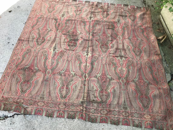 Antique Paisley Wool Shawl Throw Classic Traditional Design Finely Woven 19th C Victorian Project Fabric Damages Cutter View 6