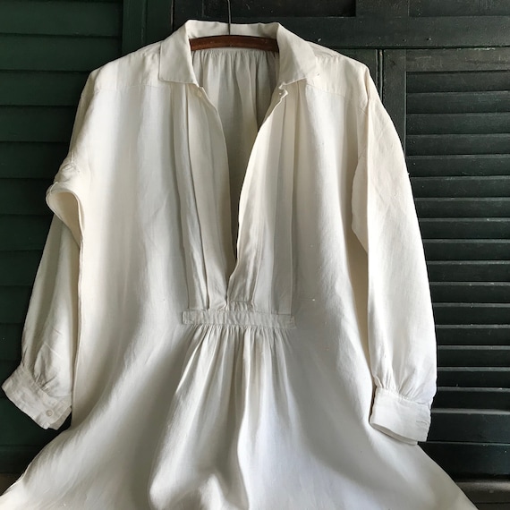 Rustic 19th C French Night Shirt, Hemp Chemise, Ha