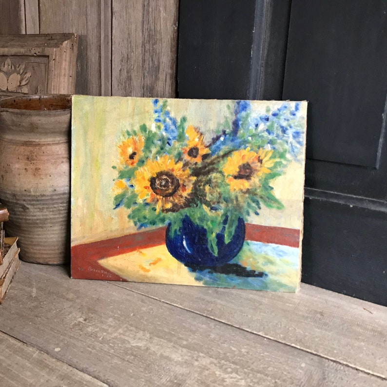 French Oil Painting, Sunflowers in Vase, Still Life, Unframed, Oil on Board, Signed, Colorful Floral Painting image 6