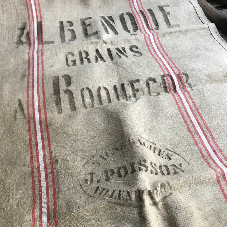 French Linen Grain Sack, Red White Stripe, Upholstery, Pillow Craft Fabric, Rustic French Farmhouse image 3