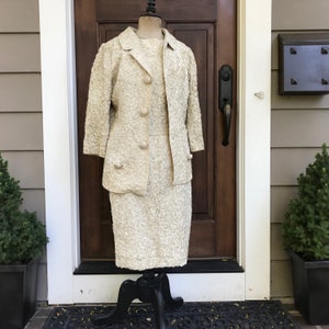 1960s Cream Ribbon Suit, Riviera International, 3 Piece Jacket, Skirt, Jackie O, Handcrafted Couture, Small image 5
