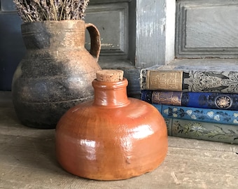 1900s French Stoneware Ink Bottle Well Jug Nautical Sailing Ship Bud Vase Cork Ancient Primitive