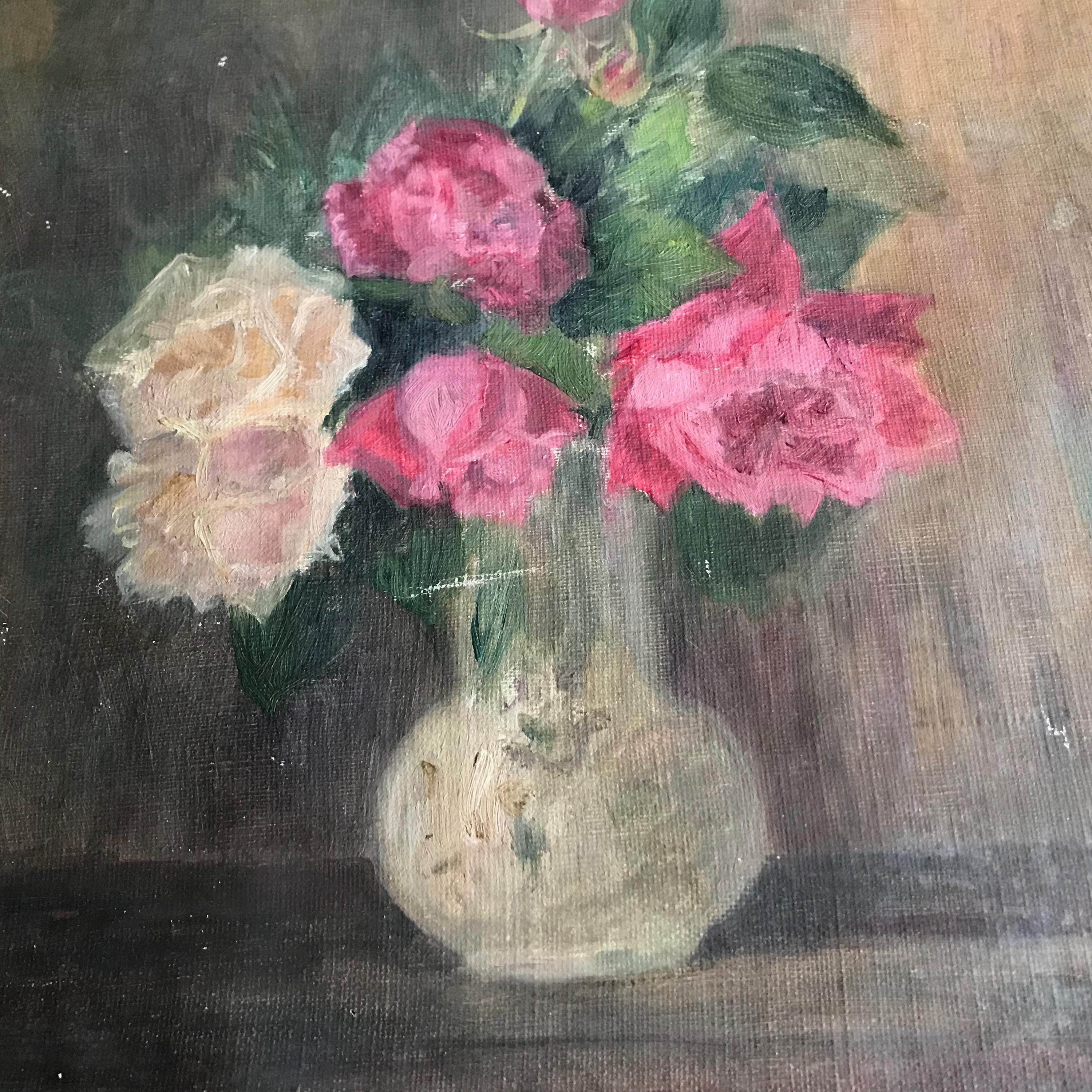 アンティーク フランス花油絵、花瓶のバラの花、ピンクのバラ、静物画
