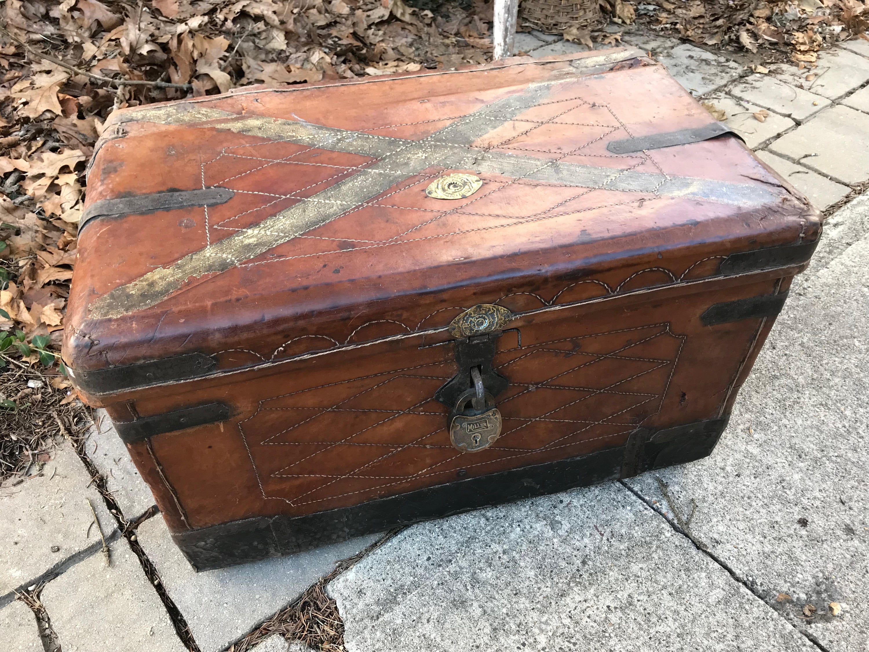 Antique Leather Iron Travel Trunk, Pakistani Maker, Original Early