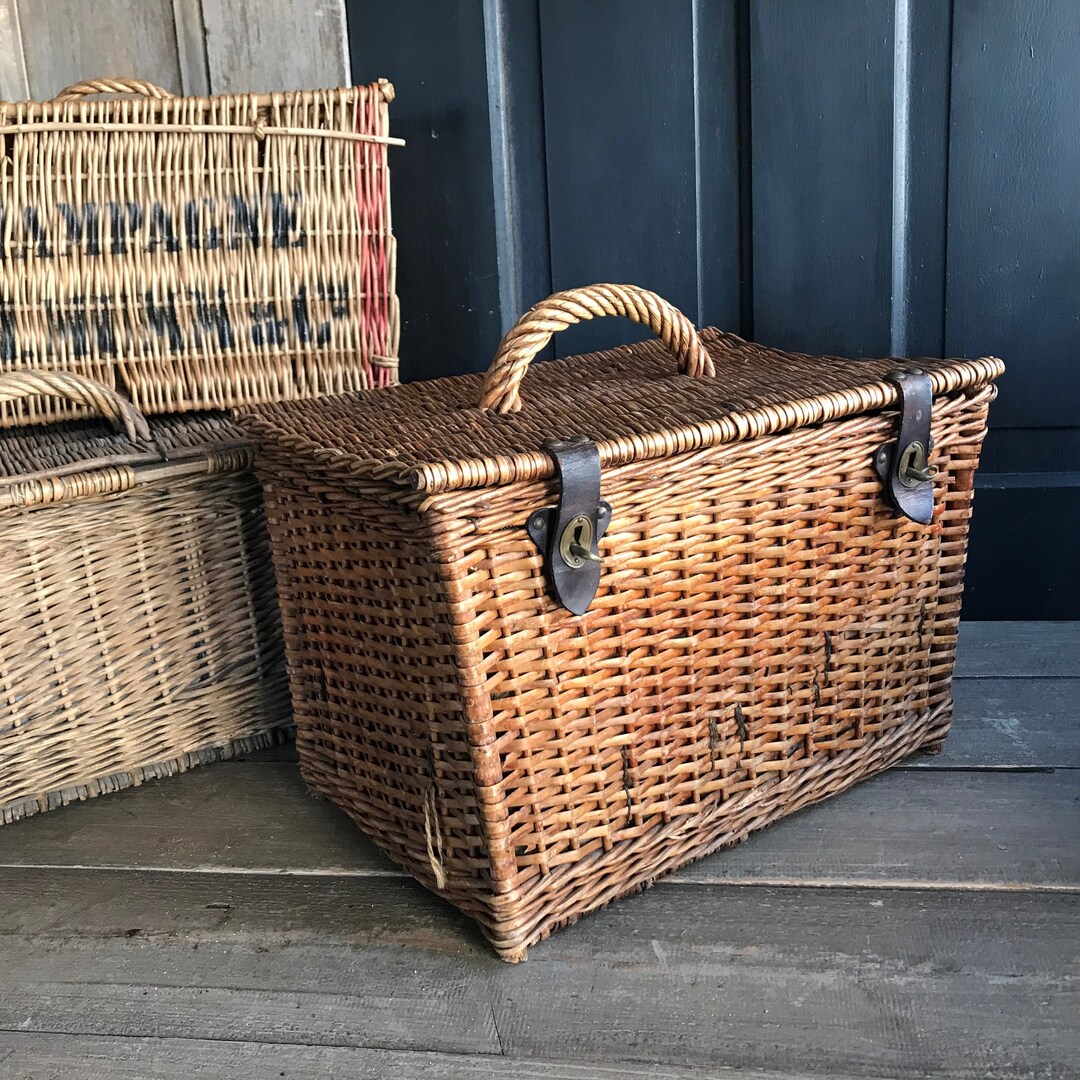 French Picnic Basket, Lined, Leather Metal Closure, Top Carry Handle