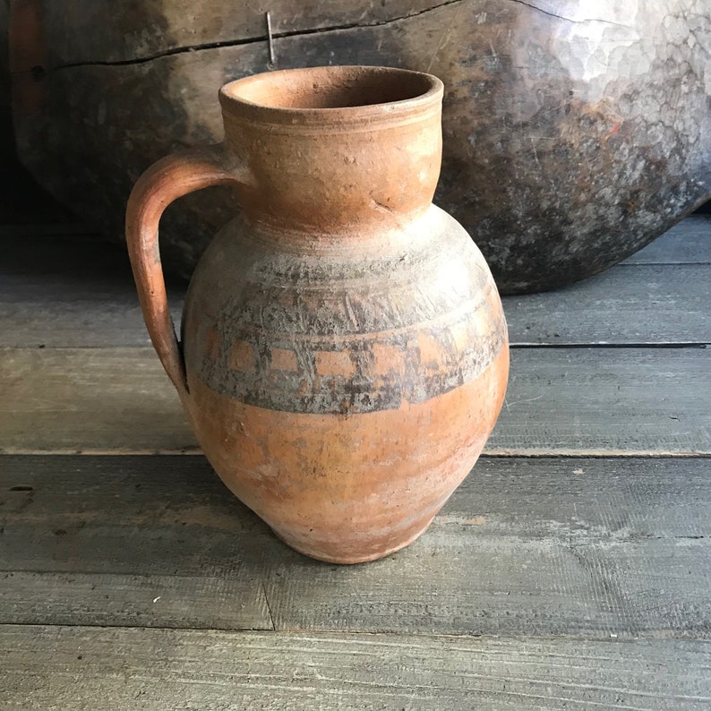 Antique Pottery Jug, Pitcher, Vase, Redware, Folk Art, Tribal, Rustic Terra Cotta, Handmade, 19th C, Rustic European Farmhouse, Farm Table image 2
