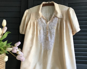 Camisón francés de la década de 1920, seda de damasco, encaje, lencería vintage, luna de miel, boda, regalo de despedida de soltera