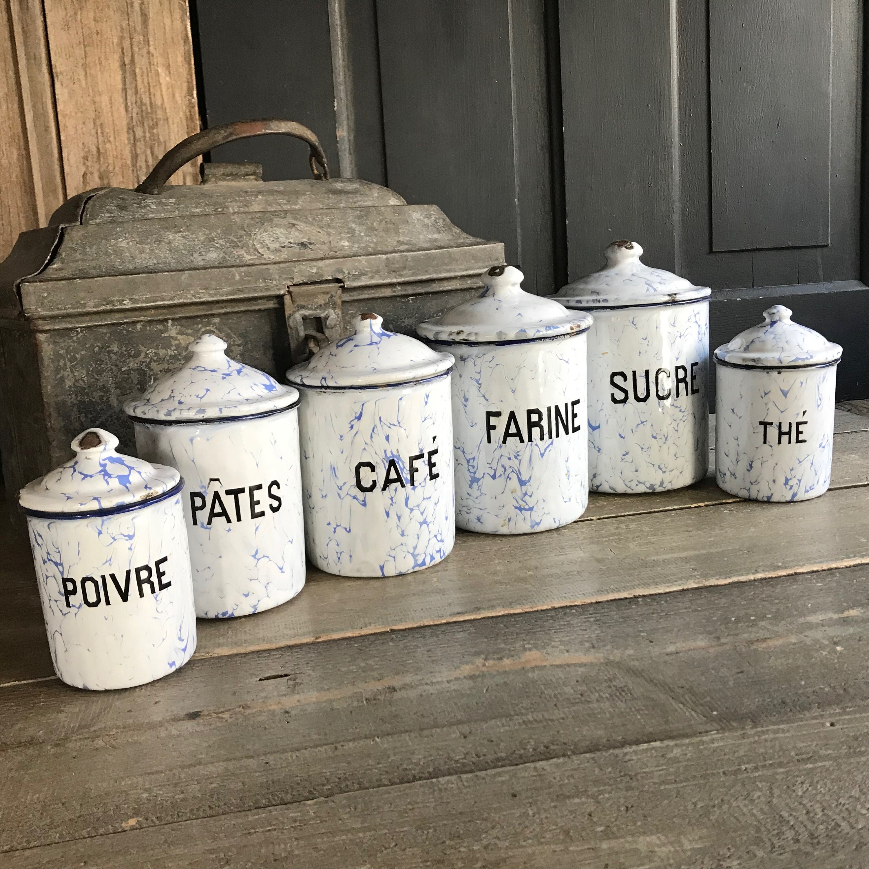 French Enamel Canister Set of 6, Pale Blue Marbled Enamelware