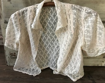 1930s Tulle Lace Bolero Jacket Blouse, Embroidered Floral Tulle Lace, Bridal, Wedding