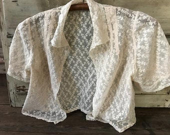 1930er Tüll Spitze Bolero Jacke Bluse, Bestickte florale Tüllspitze, Braut, Hochzeit