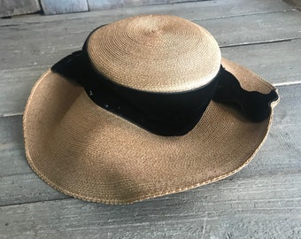 Antique French Straw Hat, Edwardian, Panama Straw Bonnet, Wide Brim, Black Velvet Bow, Period Clothing