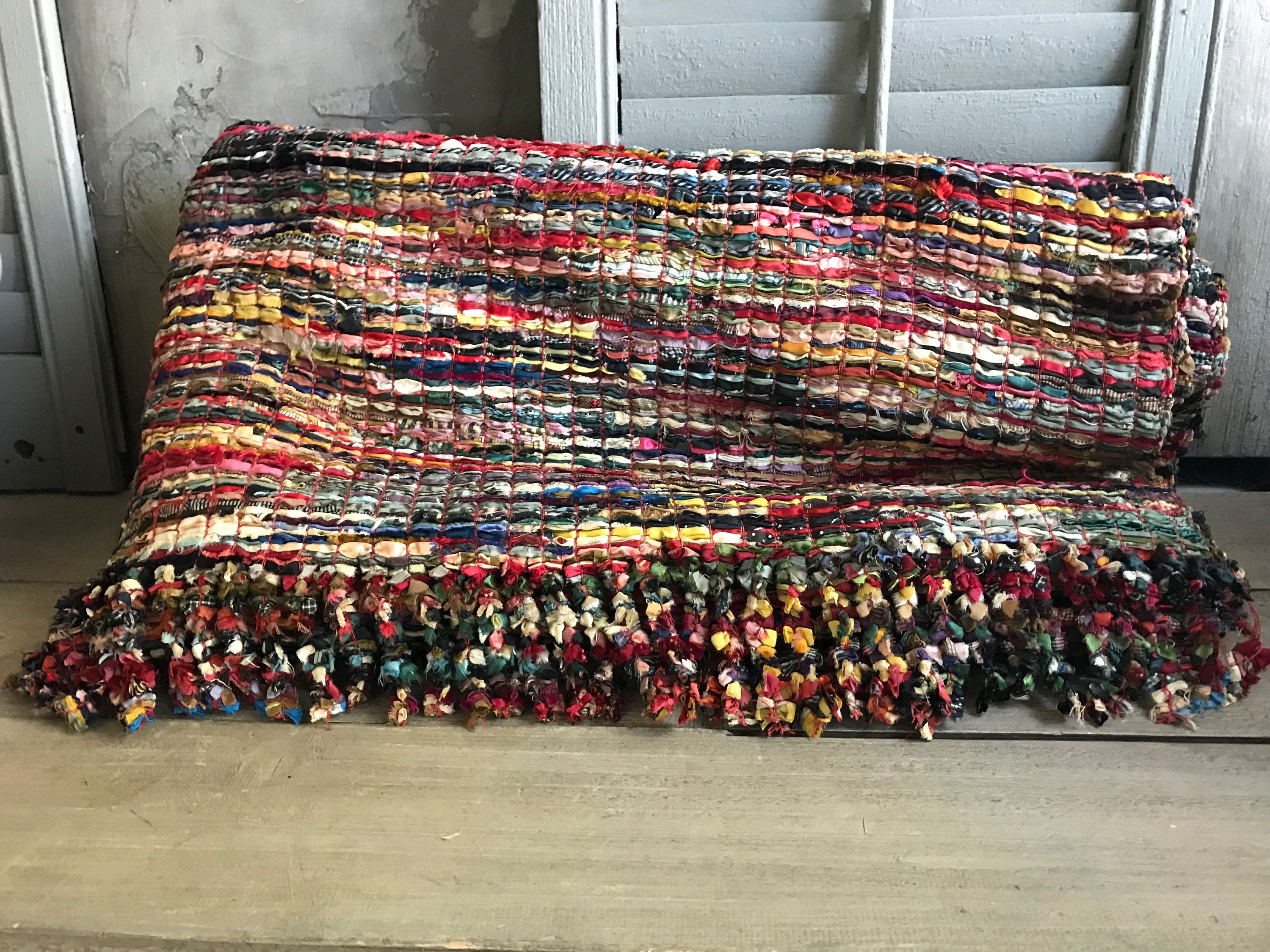 Folk Art Rag Rug, Hand Hooked Area Rug, 106 X 49, Wall Hanging ...
