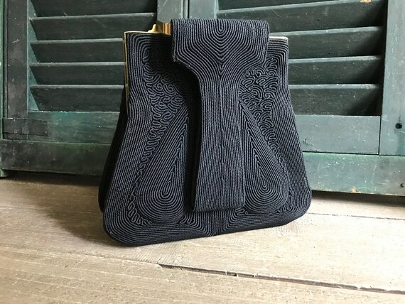 1940s Classic Black Handbag, Cotton Brocade Dress… - image 3