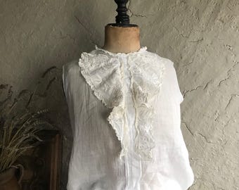 French Edwardian Blouse, White Batiste Cotton, Floral Embroidery, Broderie Anglaise, Lace Trim, Period Clothing