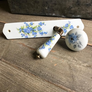 May include: A white porcelain door knob and backplate set with a blue floral design. The knob has a brass stem and the backplate has a small hole for mounting.