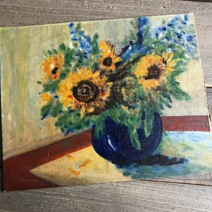 French Oil Painting, Sunflowers in Vase, Still Life, Unframed, Oil on Board, Signed, Colorful Floral Painting image 3