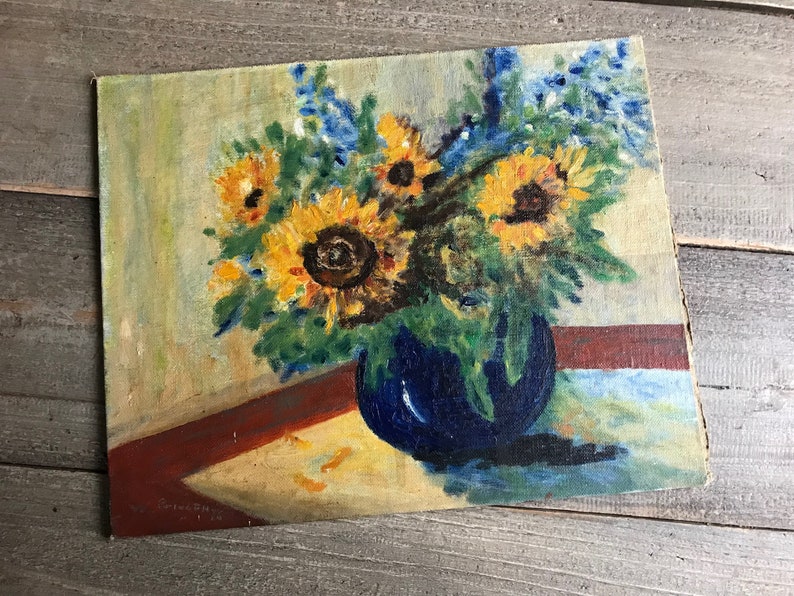French Oil Painting, Sunflowers in Vase, Still Life, Unframed, Oil on Board, Signed, Colorful Floral Painting image 3