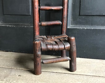 19th C Doll Furniture, Chair, Americana Folk Art, Ladder Back, Miniature Wooden Chair, Woven Slat Seat, Primitive, KH