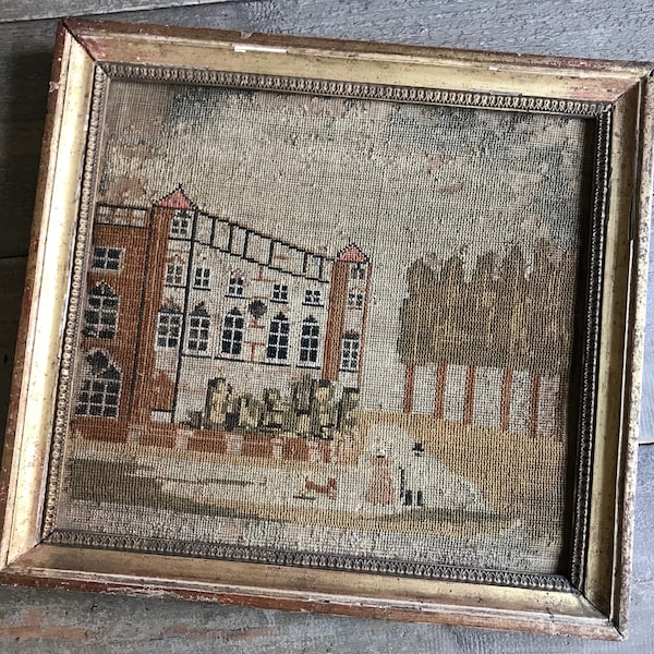 19th C French Woolwork, Gilded Frame, Needlepoint, Village Scene, Original Frame, Distressed