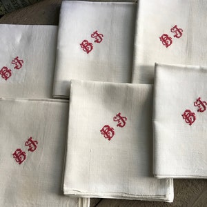 1 French Mens Handkerchief, Fine White Linen, Embroidered Monogram B J