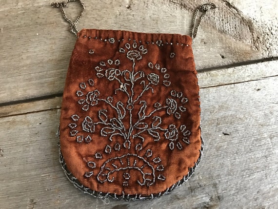 French Antique Silk Velvet Beaded Purse, Cinnamon,