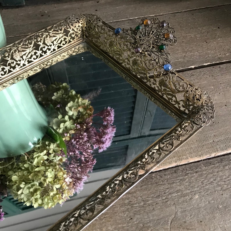 Antique Jeweled Dresser Tray, Boudoir Mirror, Art Nouveau Ormolu Filigree Mirrored Tray KH image 2