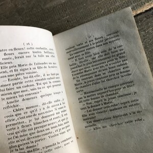 May include: A close-up of two pages from a vintage book with text in French. The pages are yellowed with age and the text is printed in black ink. The text on the left page reads "peintre en fleurs! cette corbeille, ane ses fleurs encore toutes brillantes de ros&eacute;e, ferait sur la toile un effet d&eacute;licieux."