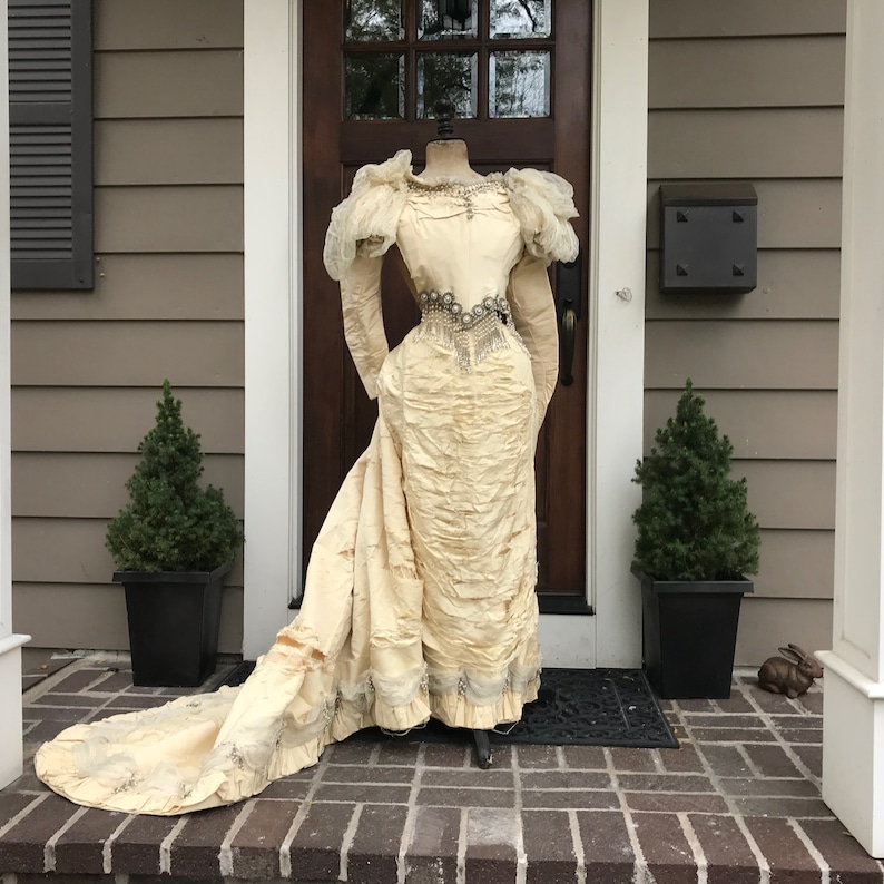 19th C Beaded Silk Wedding Dress, Oyster Cream, ca 1892, For Restoration, LM image 2