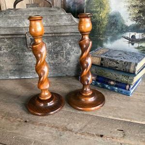 English Oak Barley Twist Candlesticks, 9 inch, Rustic Wood Candle Holders, Edwardian Era, Pair, Set of 2 image 6