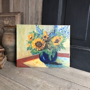 French Oil Painting, Sunflowers in Vase, Still Life, Unframed, Oil on Board, Signed, Colorful Floral Painting image 4